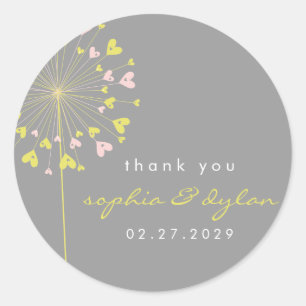 Pink & Yellow Dandelion Flower Love Hearts Wedding Classic Round Sticker