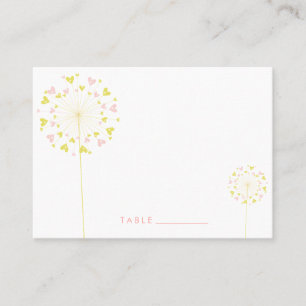 Pink Yellow Dandelion Flowers Love Hearts Wedding Place Card