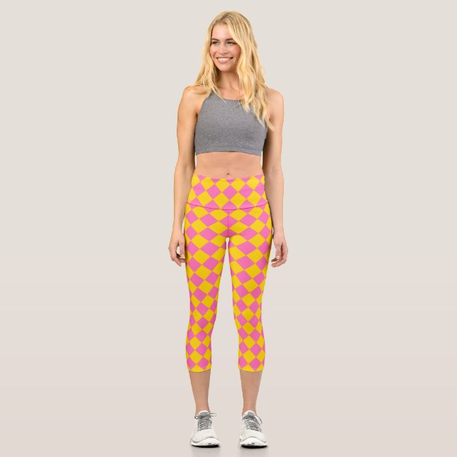 Pink Yellow Diamond Harlequin Chequered Pattern Capri Leggings (Front)