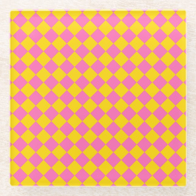 Pink Yellow Diamond Harlequin Chequered Pattern Glass Coaster (Front)