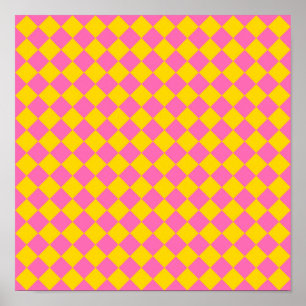 Pink Yellow Diamond Harlequin Chequered Pattern Poster