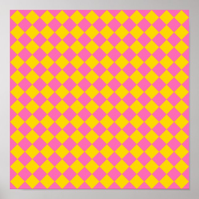 Pink Yellow Diamond Harlequin Chequered Pattern Poster (Front)