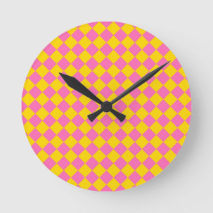 Pink Yellow Diamond Harlequin Chequered Pattern Round Clock