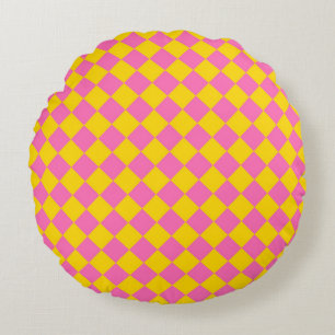 Pink Yellow Diamond Harlequin Chequered Pattern Round Pillow