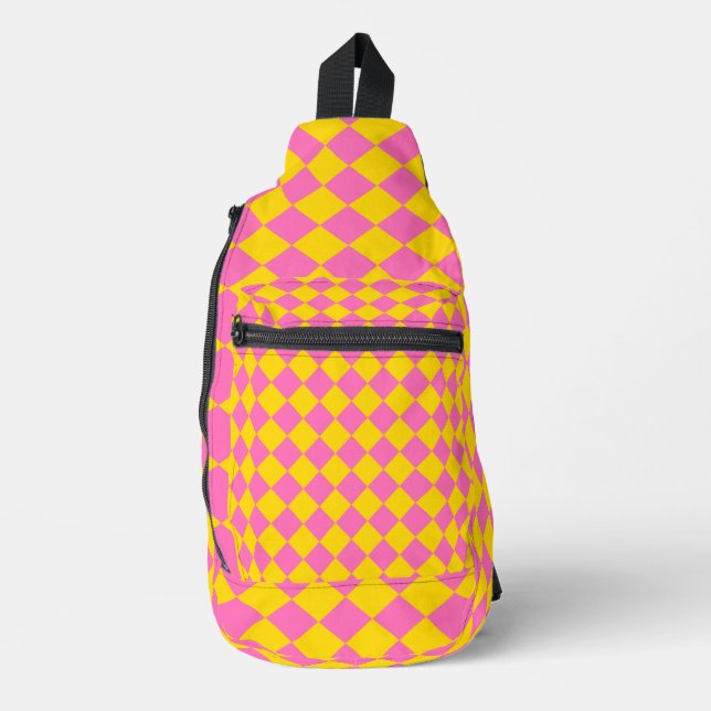 Pink Yellow Diamond Harlequin Chequered Pattern Sling Bag (Front)