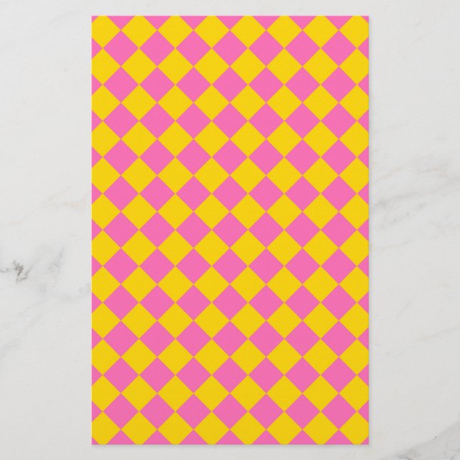 Pink Yellow Diamond Harlequin Chequered Pattern Stationery (Front)