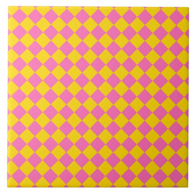 Pink Yellow Diamond Harlequin Chequered Pattern Tile (Front)