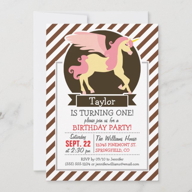 Pink & Yellow Fantasy Unicorn; Brown White Stripes Invitation (Front)