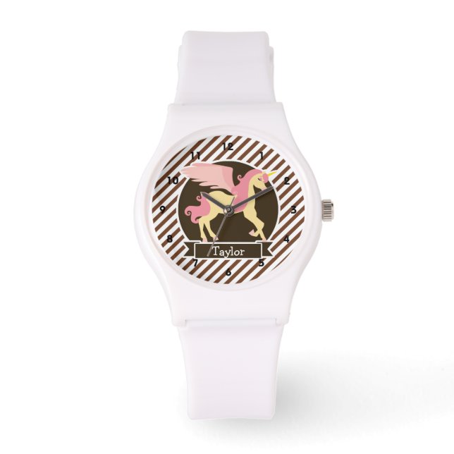 Pink & Yellow Fantasy Unicorn; Brown White Stripes Watch (Front)