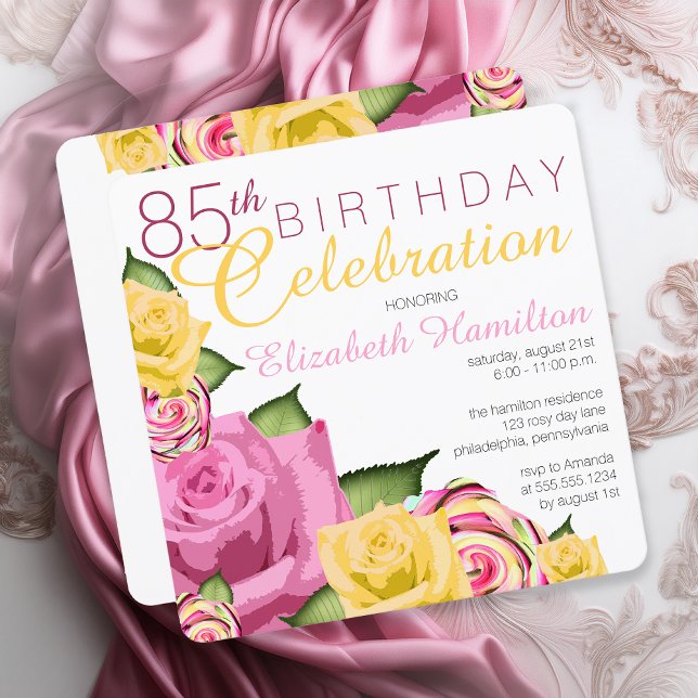 Pink | Yellow Floral 85th Birthday Celebration Invitation (Elegant Pink and Yellow Floral 85th Birthday Celebration Invitation - Print | Digital Download)