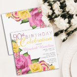 Pink | Yellow Floral 90th Birthday Celebration Invitation<br><div class="desc">Artistically styled pink and yellow floral birthday party invitation.  Original design by Holiday Hearts Designs.  If you require assistance to customize,  please email us at info@holidayheartsdesigns.com</div>