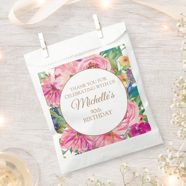 Pink Yellow Floral 90th Birthday Favour Bag (Clipped)