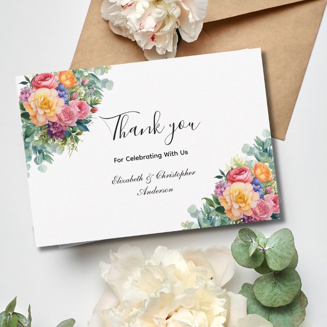 Pink Yellow Floral Flowers Eucalyptus Wedding Thank You Card (Personalized Pink Yellow Eucalyptus Greenery Wedding Thank you cards)
