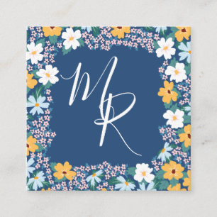 Pink & Yellow Floral Frame Monogram Square Business Card