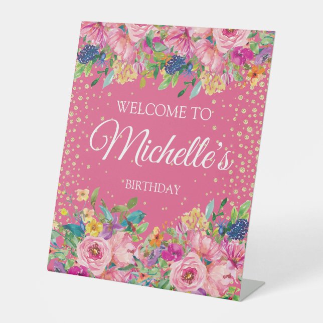 Pink Yellow Floral Glitter Birthday Welcome Name Pedestal Sign (Front)
