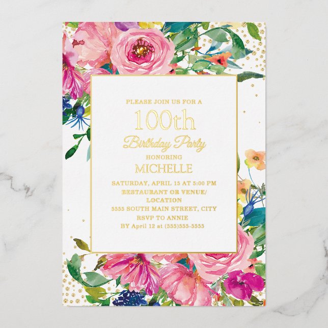Pink Yellow Floral Gold Glitter 100th Birthday (Front)