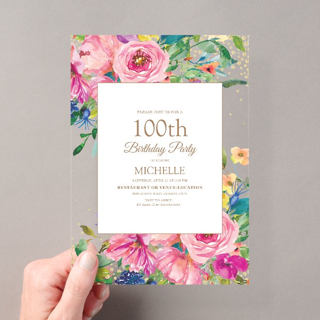 Pink Yellow Floral Gold Glitter 100th Birthday Acrylic Invitations (Insitu (Handheld))