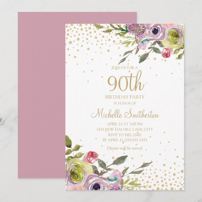 Pink Yellow Floral Gold Glitter 90th Birthday Invitation (Front/Back)