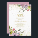 Pink Yellow Floral Gold Glitter 90th Birthday Invitation<br><div class="desc">Elegant and colourful pink and yellow watercolor floral with gold glitter on a white 90th birthday party invitation.  Contact us for help with customization or to request matching products.</div>