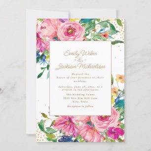Pink Yellow Floral Gold Glitter Wedding Invitation