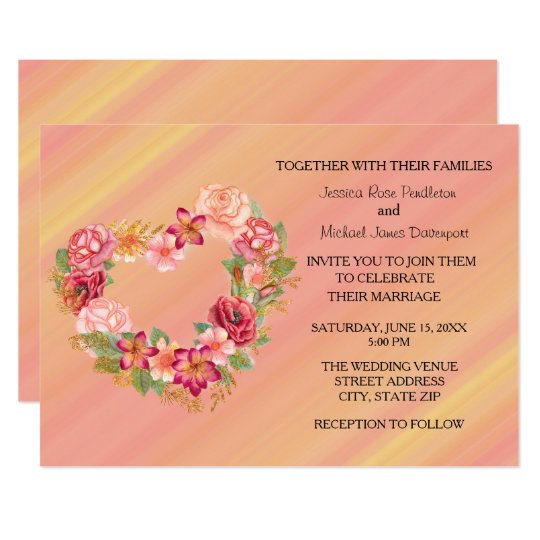 Pink Yellow Floral Heart Wreath Wedding Invitation