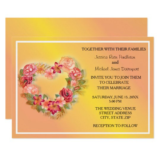Pink Yellow Floral Heart Wreath Wedding Invitation