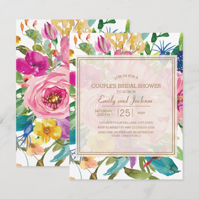Pink Yellow Floral  Script Couple's Bridal Shower Invitation (Front/Back)