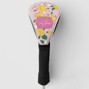 Pink Yellow Floral Whimsical Pattern Custom Name Golf Head Cover