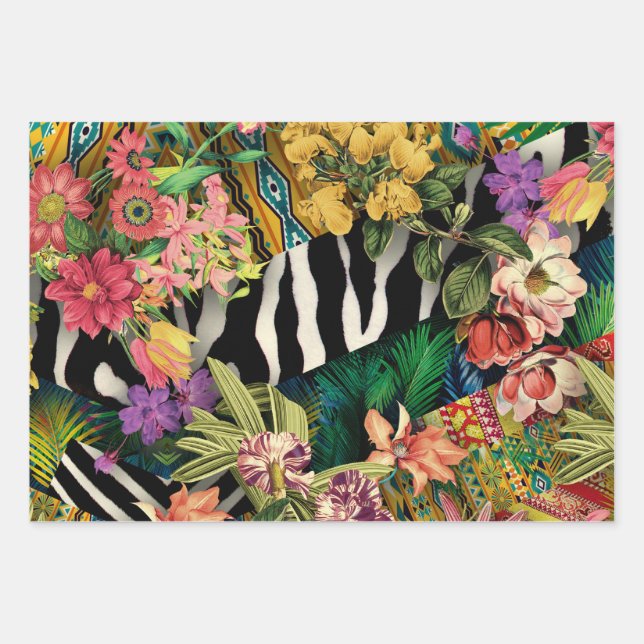 Pink Yellow Floral Zebra Indian Print Pattern Wrapping Paper Sheet (Front 3)
