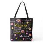 Pink yellow flower custom name Melissa tote bag