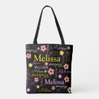 Pink yellow flower custom name Melissa tote bag