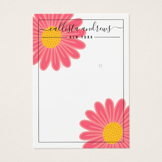 Pink Yellow Flowers Cursive Earring Display Card (Front)