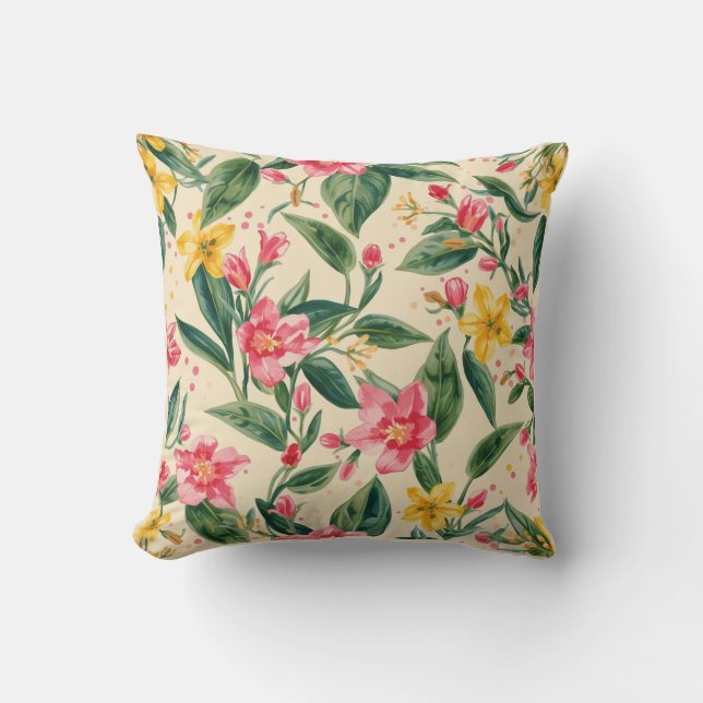 Pink Yellow Flowers, Florals,Shocking Pink Stripes Throw Pillow (Front)