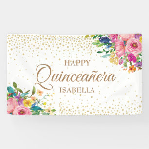 Pink Yellow Flowers Gold Glitter Happy Quinceañera Banner
