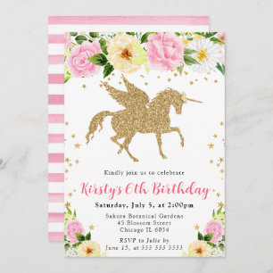 Pink Yellow Flowers Gold Unicorn Birthday Party Invitation
