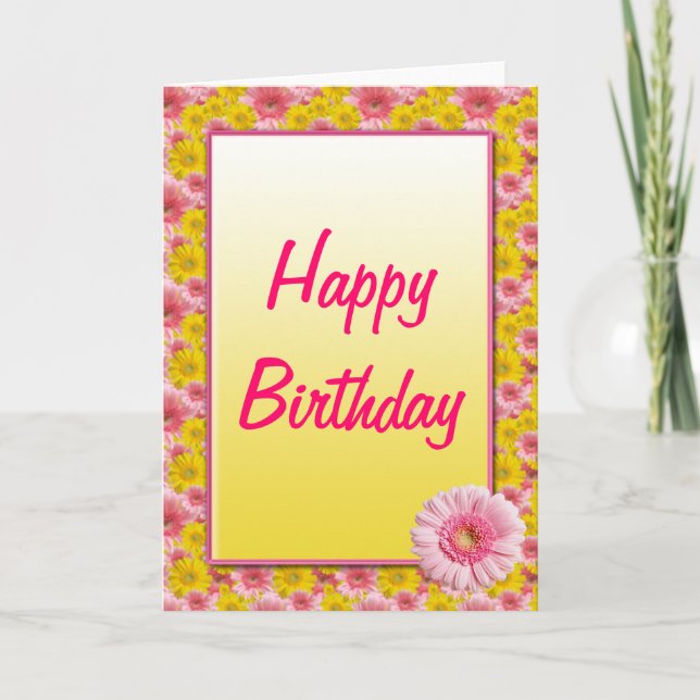 Pink Yellow Gerbera Daisy Happy Birthday Card (Front)