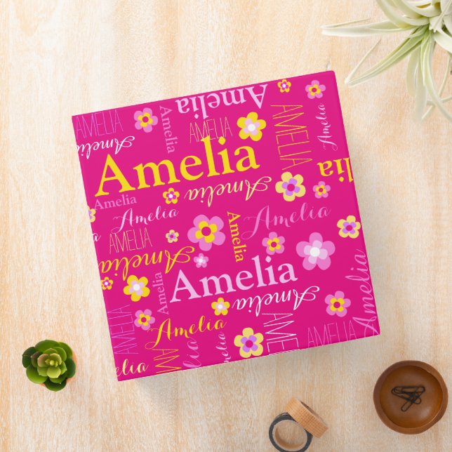 Pink yellow girls name Amelia flower print Binder (In Situ)