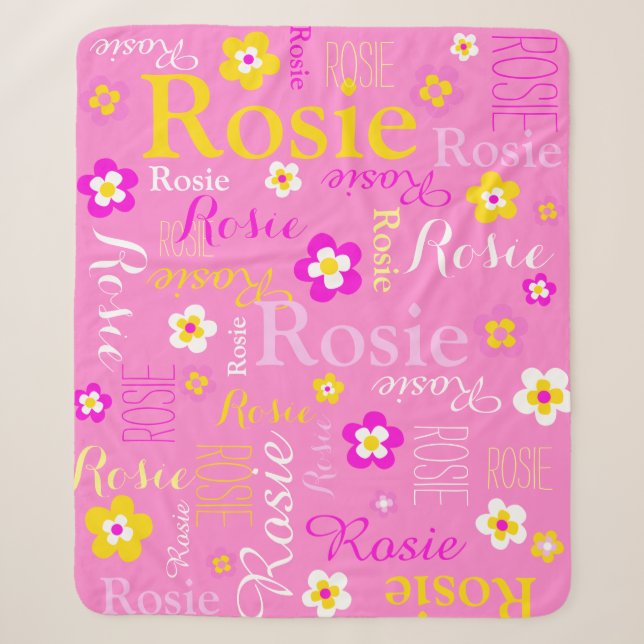 Pink yellow girls name flower graphic blanket (Front)
