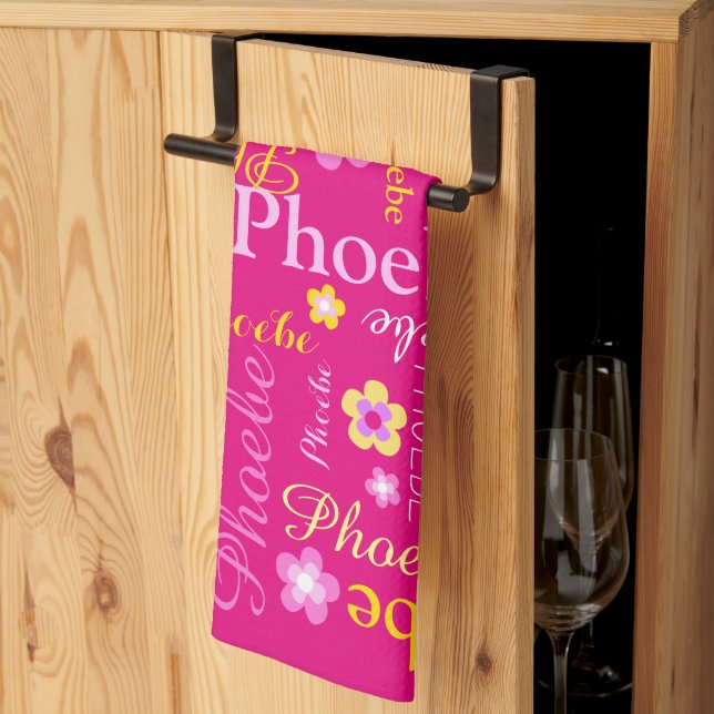Pink yellow girls name flower graphic kitchen kitchen towel (Thirds Fold)