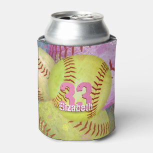 Pink Yellow Girls Softball Can Cooler