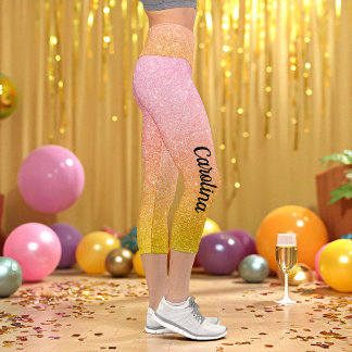 Pink Yellow Gold Glitter Ombre Sparkle Capri Leggings
