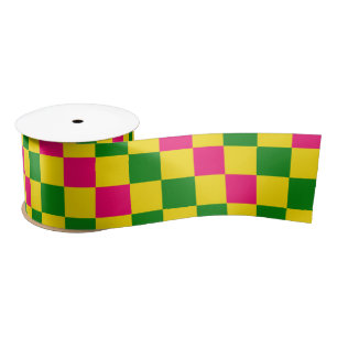 Pink Yellow Green Chequered Pattern Design  Satin Ribbon