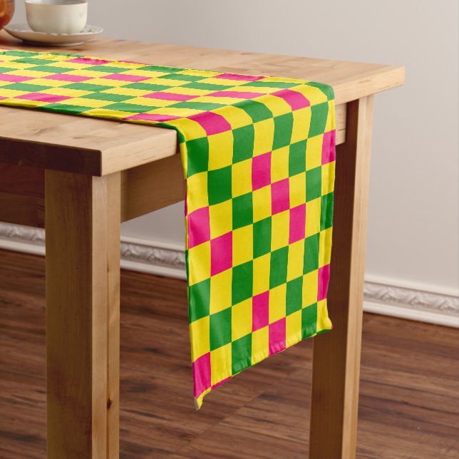 Pink Yellow Green Chequered Pattern Design  Short Table Runner (In Situ)