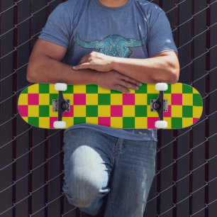 Pink Yellow Green Chequered Pattern Design Skateboard