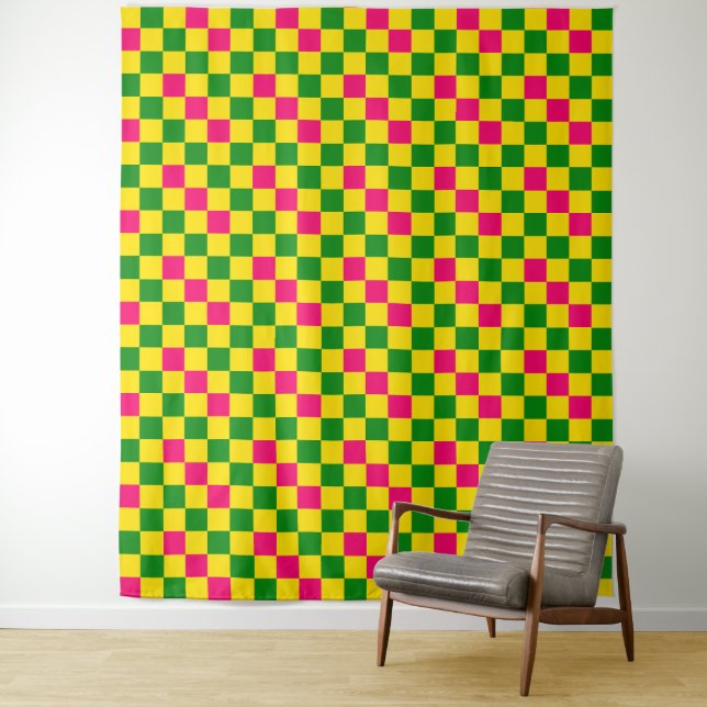 Pink Yellow Green Chequered Pattern Design  Tapestry (In Situ)