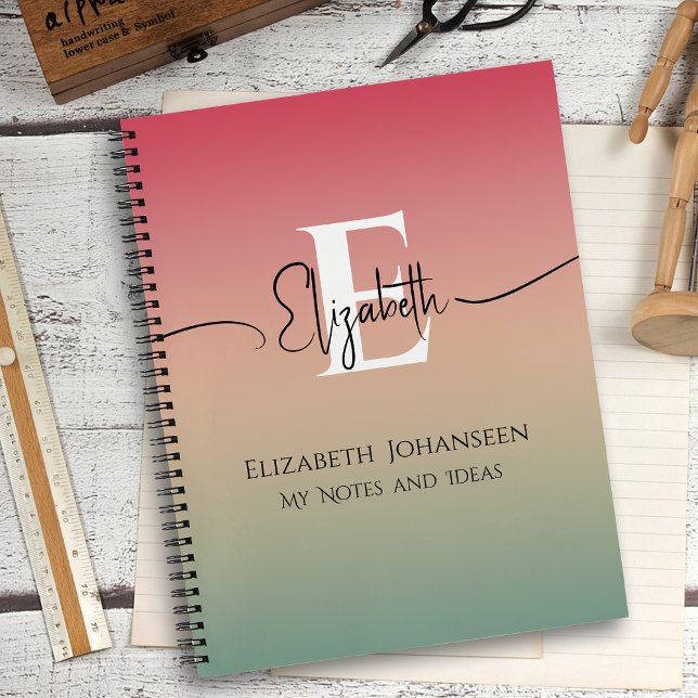 Pink Yellow & Green Gradient Script Name Monogram Notebook (Creator Uploaded)