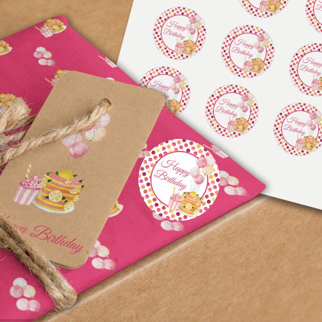 Pink Yellow Happy Birthday Polka Dot Classic Round Sticker (Pink Yellow Birthday Gift Tag Sticker)