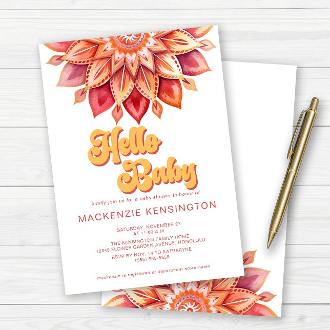 Pink Yellow Hello Retro Hippie Flower Baby Shower Invitation (Cute Retro Typography "Hello Baby" Baby Shower Invitations)