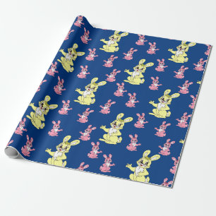 Pink Yellow Kawaii Bunny Rabbit Blue Background Wrapping Paper