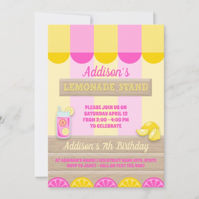 Pink Yellow Lemonade Stand Summer Birthday Party Invitation (Front)